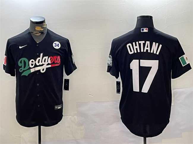 Men's Los Angeles Dodgers #17 Shohei Ohtani Black Mexico 2024 World Series With No. 34 Patch Cool Base Stitched Baseball Jersey,We sell and wholesale Men's Los Angeles Dodgers #17 Shohei Ohtani Black Mexico 2024 World Series With No. 34 Patch Cool Base Stitched Baseball Jersey on line form chian!